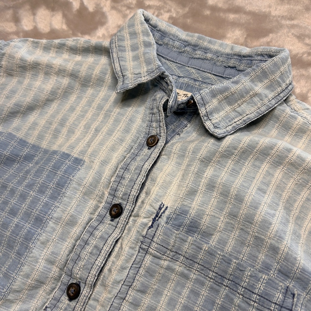 Free People Glacier Bay Printed Checked Distressed Blue Denim Tunic‎ Small Boho - Picture 2 of 11